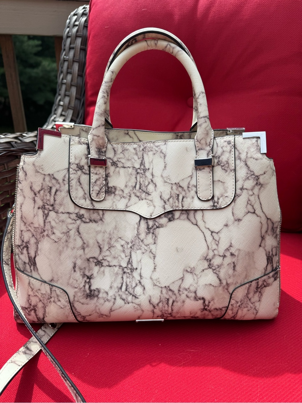 Rebecca Minkoff Cream Marble-Print Satchel